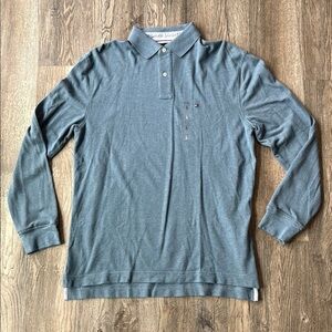 Tommy Hilfiger Shirt Blue Polo Long Sleeve Cotton Shirt Classic Fit Size Large